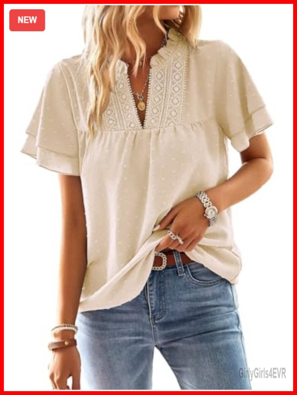 Womens Boho Flowy Blouse V Neck Crochet Lace Short Sleeve Dressy Casual Top